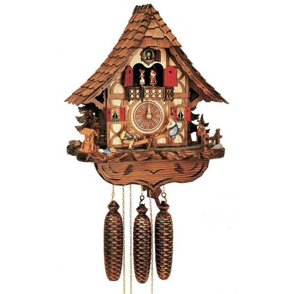 Anton Schneider 8-Day Chalet Cuckoo Clock featuring children on a teeter-totter, turning waterwheel, and spinning balcony dancers.