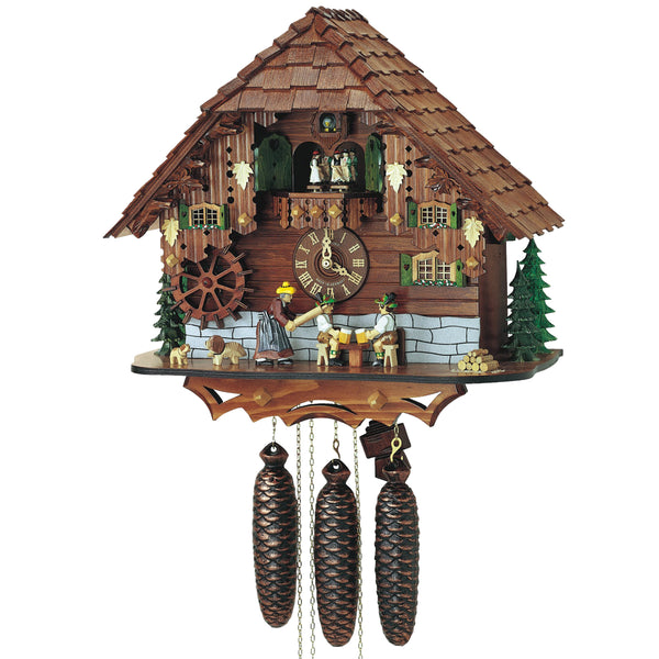 Schneider 8-day Black Forest chalet cuckoo clock with beer drinkers, rolling pin wife, water wheel, dancers, and St. Bernard dog.