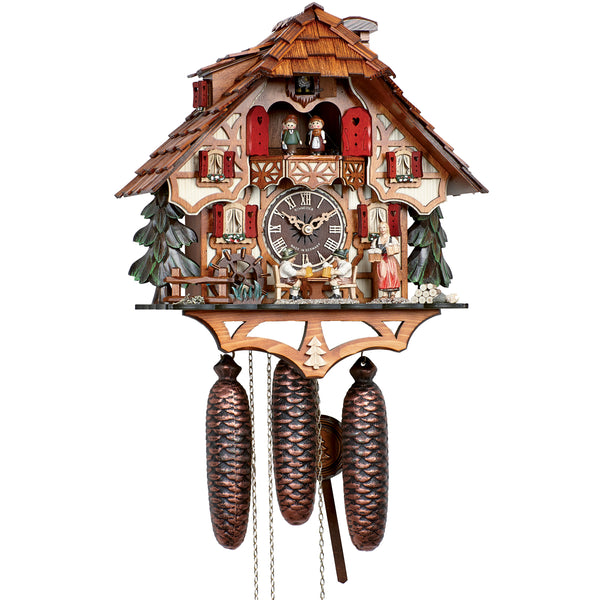 Schneider 8-day Black Forest chalet cuckoo clock with beer drinkers, waitress, water wheel, and balcony dancers.