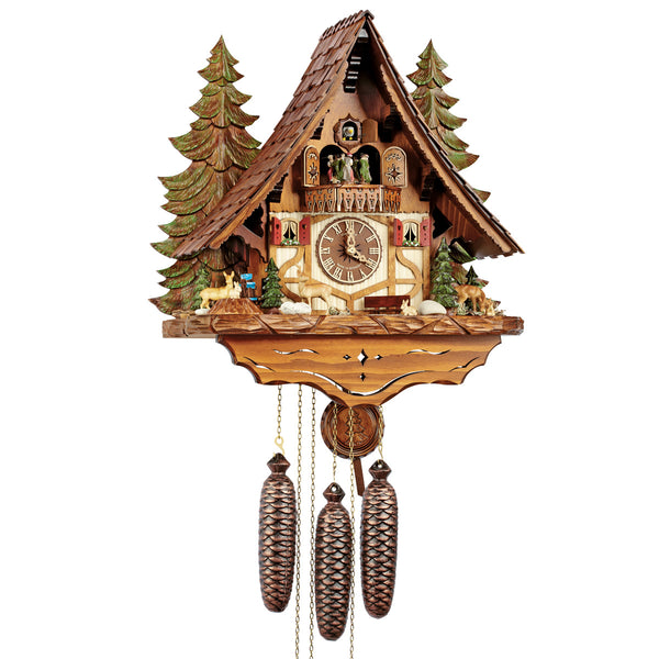 Anton Schneider 8-Day Black Forest Chalet Cuckoo Clock featuring forest animals, pine trees, turning waterwheel, and balcony dancers.