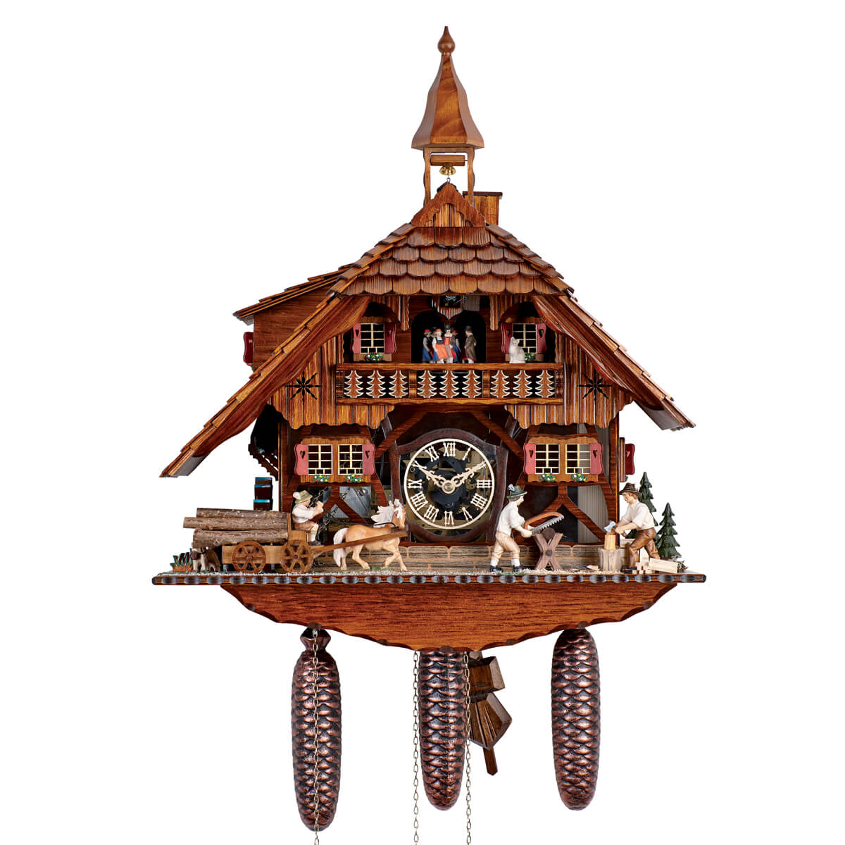 Anton Schneider 8-Day Chalet Cuckoo Clock featuring sawmill scene, moving woodcutters, horse-drawn wagon, and glass dial.