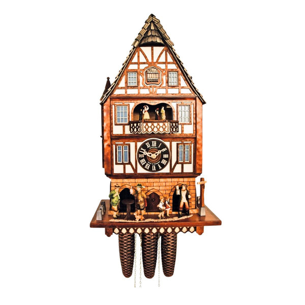 8-Day Schneider Chalet cuckoo clock, half-timbered house with dancers, night watchman, and children.