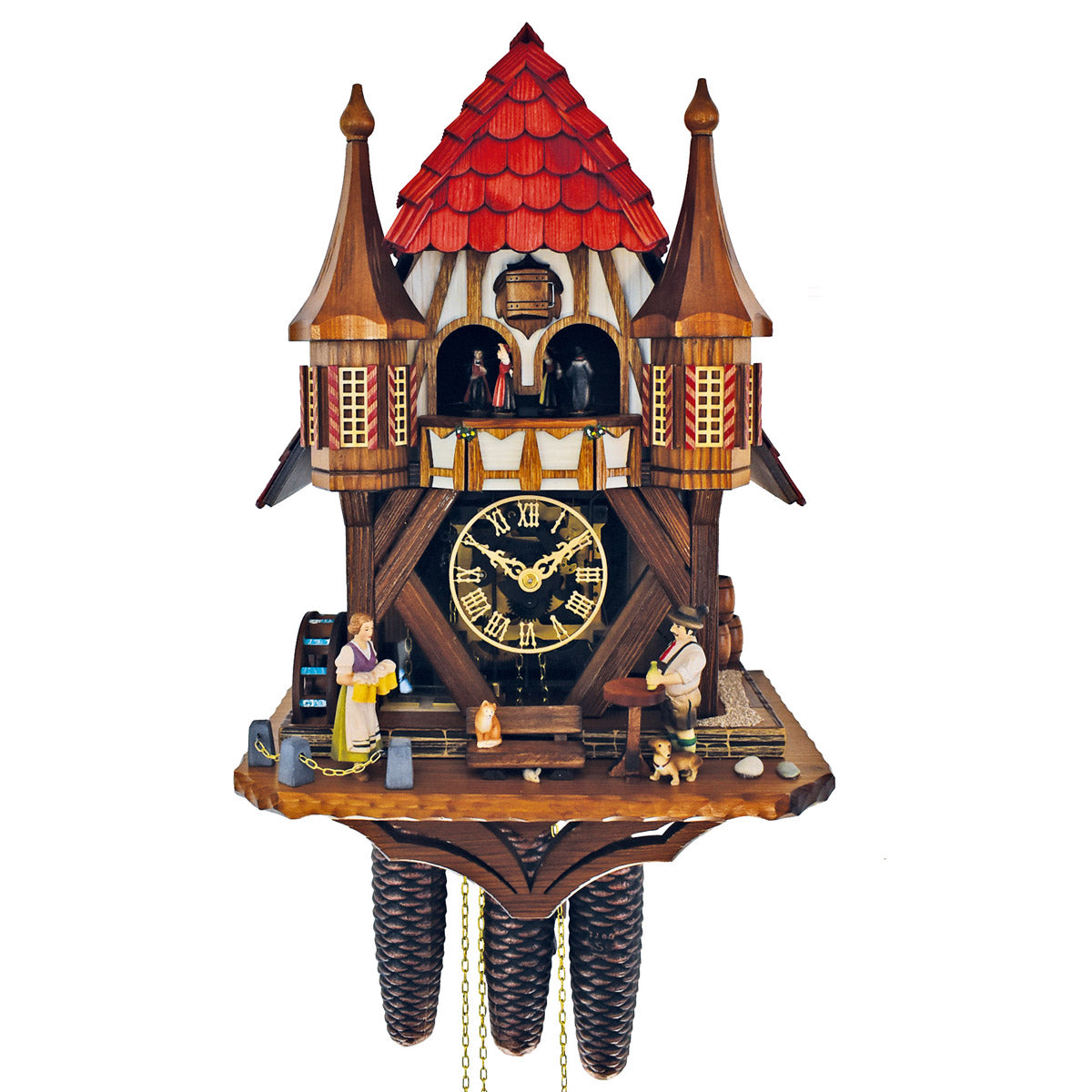 Schneider Rathaus 8-day Black Forest cuckoo clock with beer drinker, waitress, waterwheel, balcony dancers, and transparent glass dial