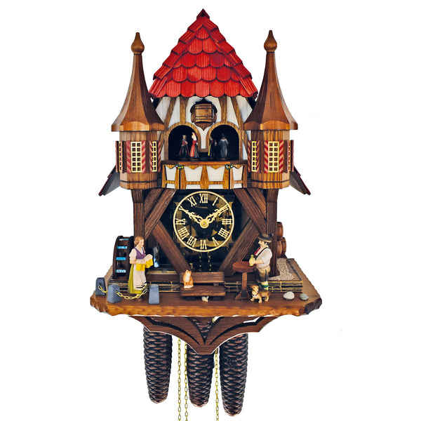 Schneider Rathaus 8-day Black Forest cuckoo clock with beer drinker, waitress, waterwheel, balcony dancers, and transparent glass dial