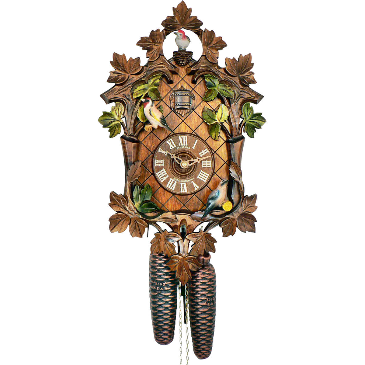 8-day Black Forest cuckoo clock by Anton Schneider featuring moving birds, hand-painted green leaves, and traditional carved design, handcrafted in Germany.