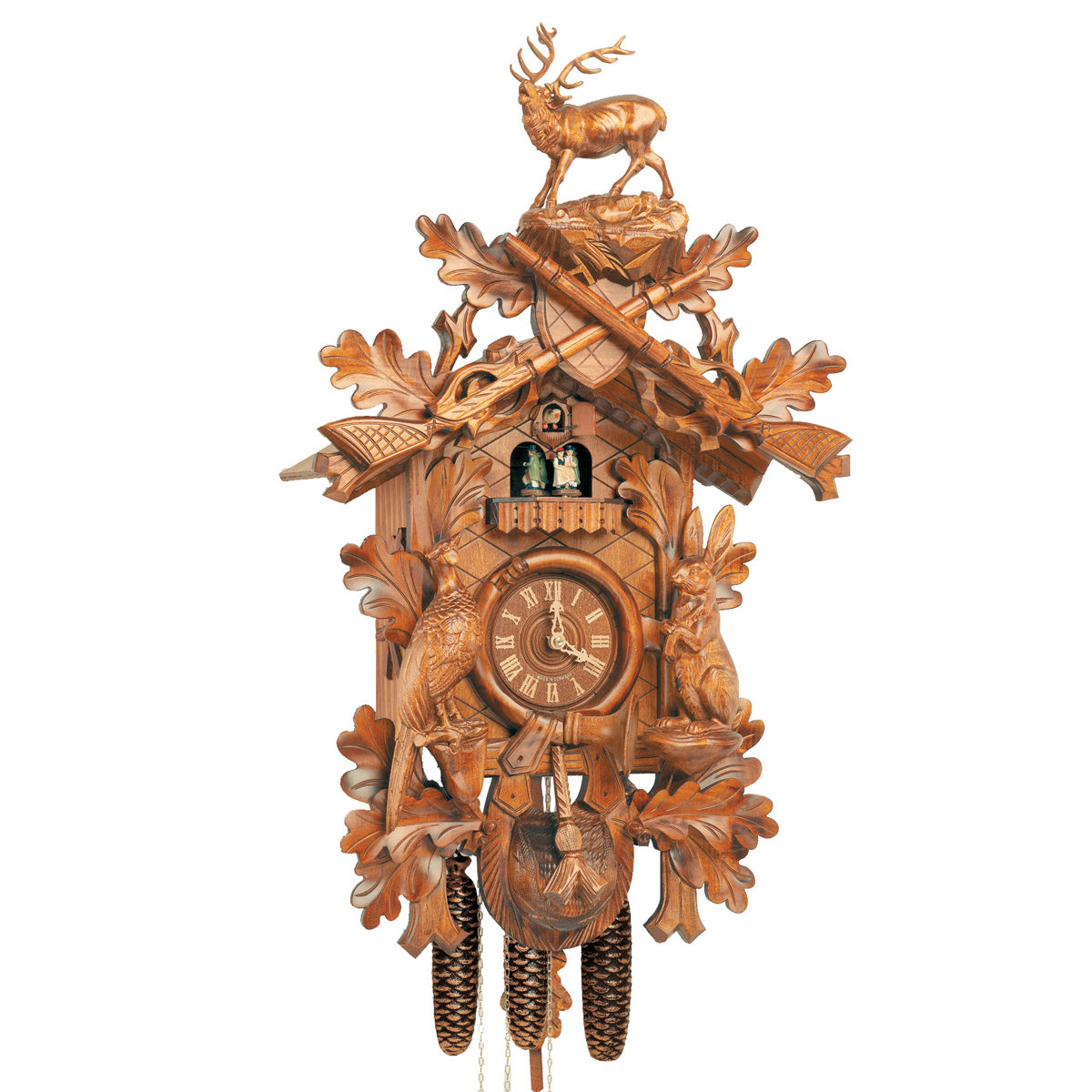 Anton Schneider 8-Day Hunter Cuckoo Clock featuring stag, pheasant, rabbit, and forest leaf carvings with spinning dancers.