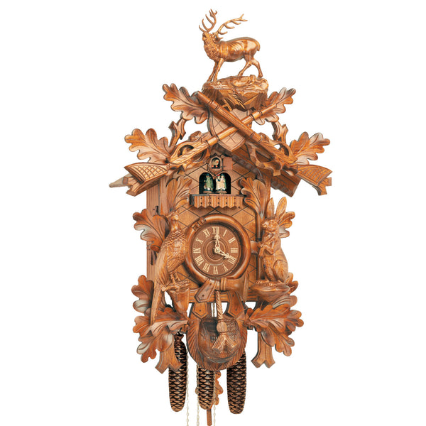 Anton Schneider 8-Day Hunter Cuckoo Clock featuring stag, pheasant, rabbit, and forest leaf carvings with spinning dancers.
