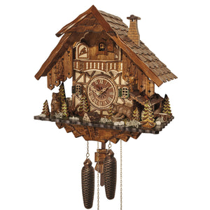 Two Bears in front of a Hunting Chalet with Stag Heads on Facade on an Engstler Black Forest cuckoo Clock
