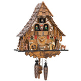 Two Fawns on an Engstler Chalet Black Forest Cuckoo Clock with a Wood Chopper and turning Water Wheel