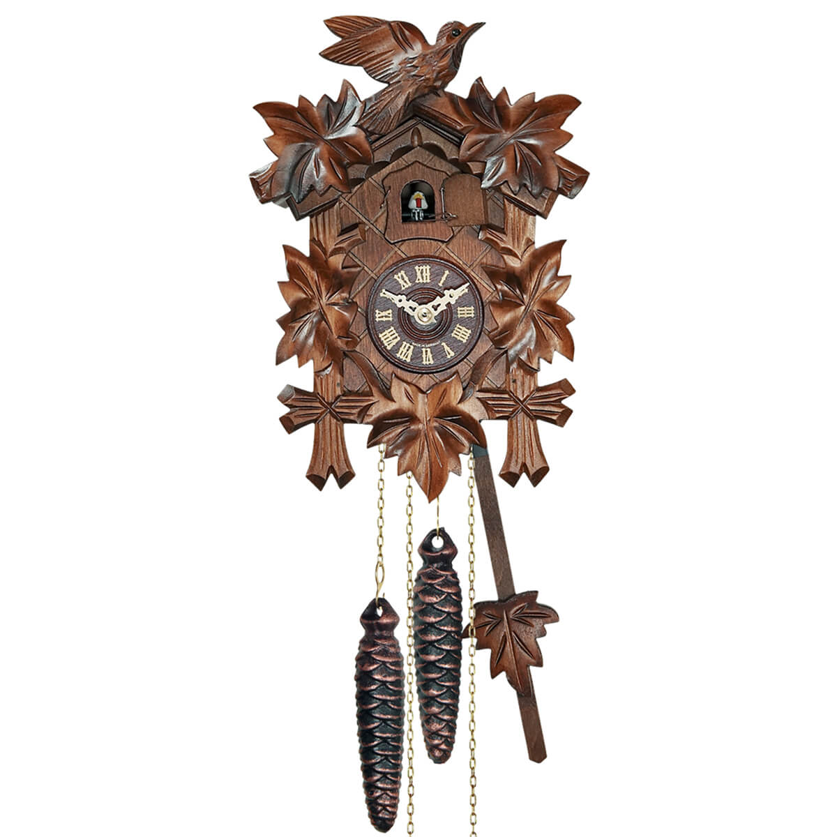 Five Ivy Leaves frame a Traditional Engstler Black Forest Cuckoo Clock with an ornate carved Bird on Top