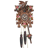 Hand Painted Alpen Rose, and a carved Bird on Top of an Engstler Traditional Black Forest Cuckoo Clock
