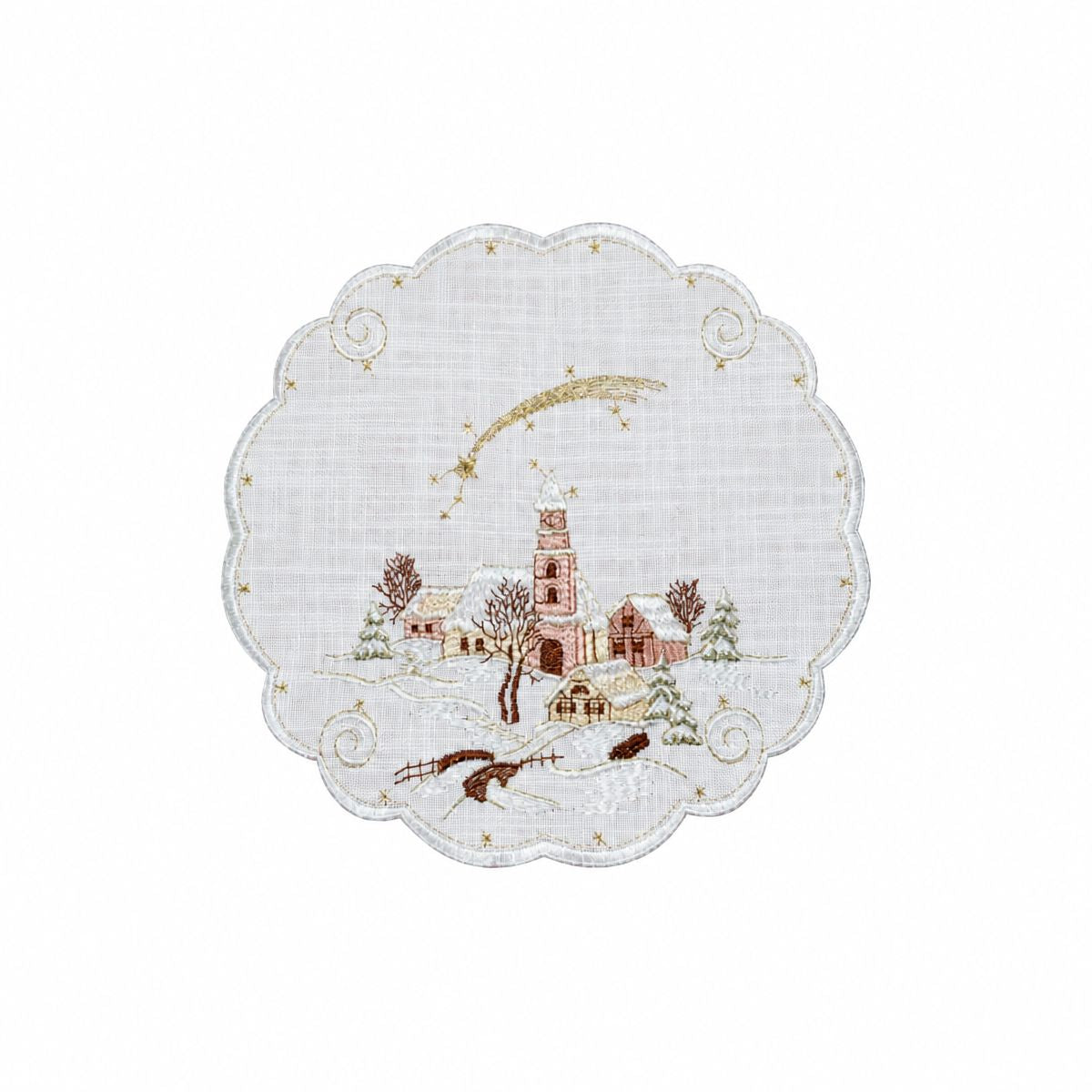 Round white linen doily with scalloped edges and embroidered snowy village scene featuring a church and shooting star