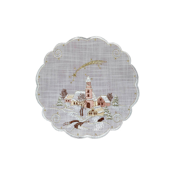 Snowy village round centerpiece: A charming winter scene with a church, houses, a bridge, and a shooting star, all covered in snow.