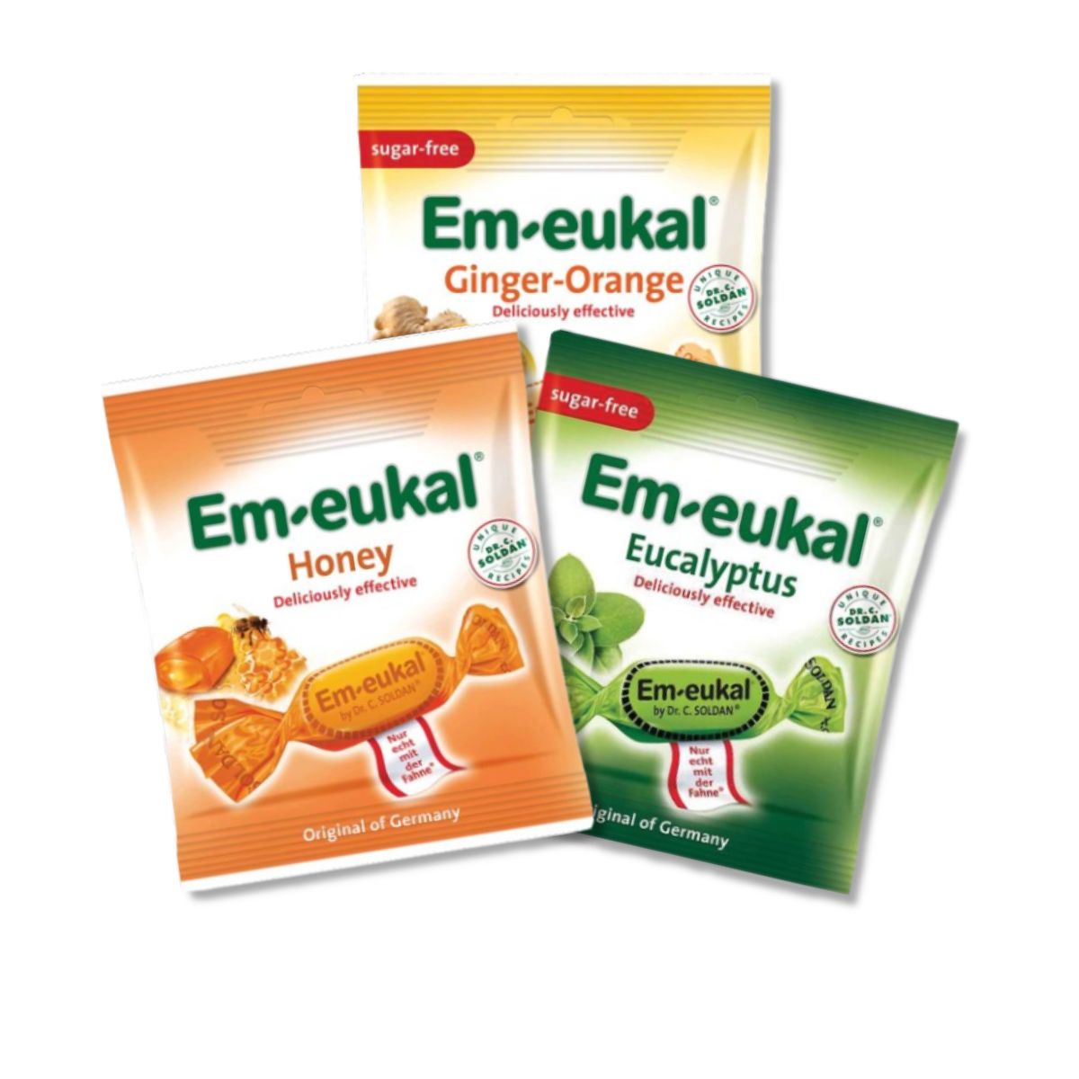 Dr. Soldan Em-eukal lozenge variety pack with Honey, Sugar-Free Eucalyptus and Ginger Orange flavors