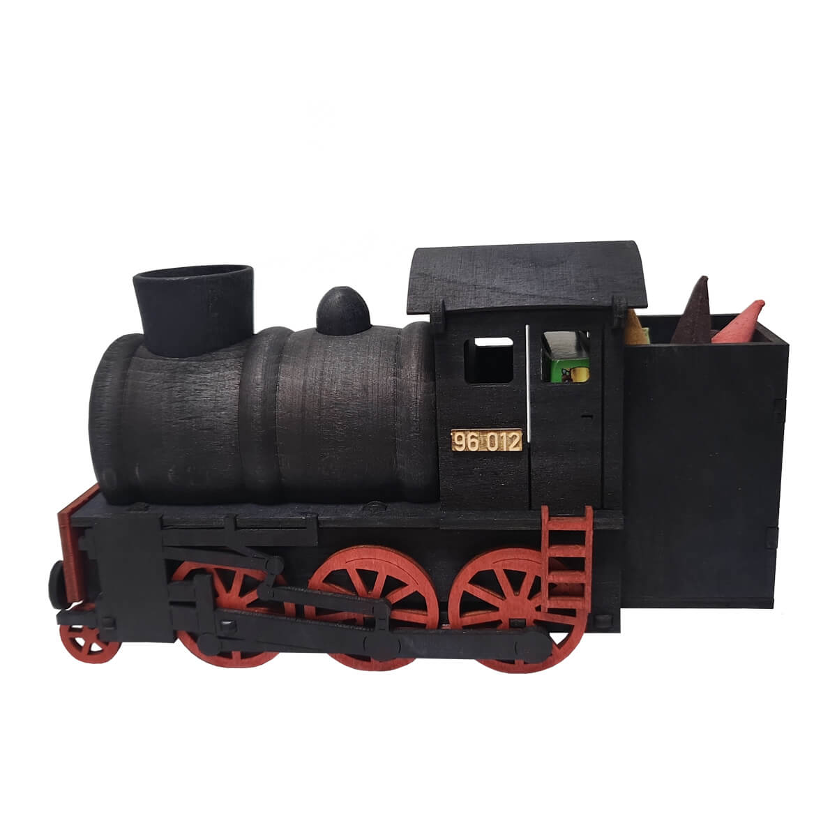 A black steam locomotive style smoker with red wheels and accents.