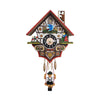 Experience this lovely miniature clock, decorated to resemble the Gingerbread House. Adorned with hand-painted figurines of Hansel, Gretel, and the Witch, this pretty chalet-style clock captivates with its vibrant designs. The clock is further elevated by a charming Bavarian boy pendulum. A blue colored bird rocks back and forth in time to the pendulum.