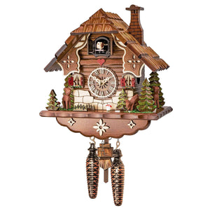  Engstler Quartz Chalet Cuckoo Clock with deer, red shuttered windows, a red heart under the cuckoo bird, fir trees, and hand-painted ornaments.