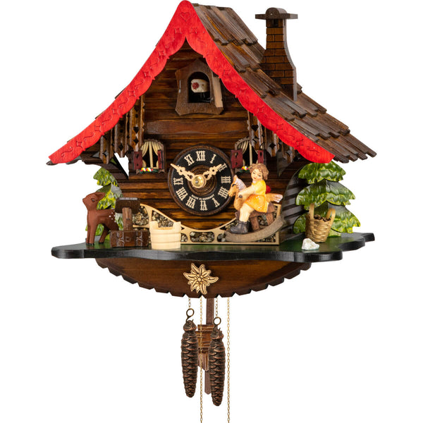 Fawn watching little Girl on Rocking Horse on Engstler Chalet Black Forest Cuckoo Clock with Edelweis