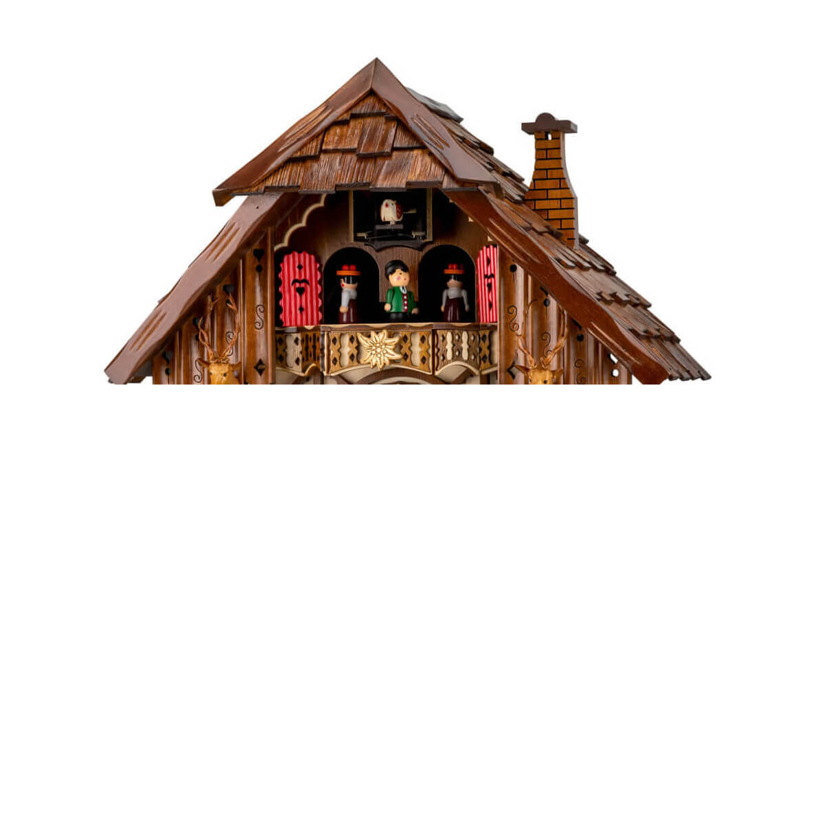 Close-up of Engstler Cuckoo Clock balcony with dancers, cuckoo bird, two deer heads with antlers, and an edelweiss decoration.