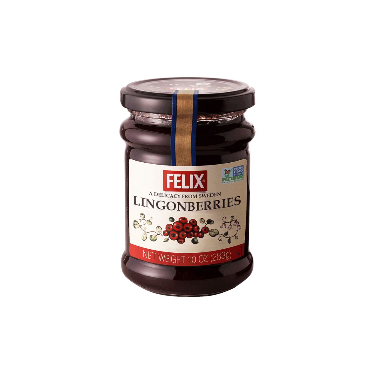 A jar of Felix Wild Natural Lingonberries with a label showing the brand name, product name, and a depiction of lingonberries. The net weight is indicated as 10 oz (283g).