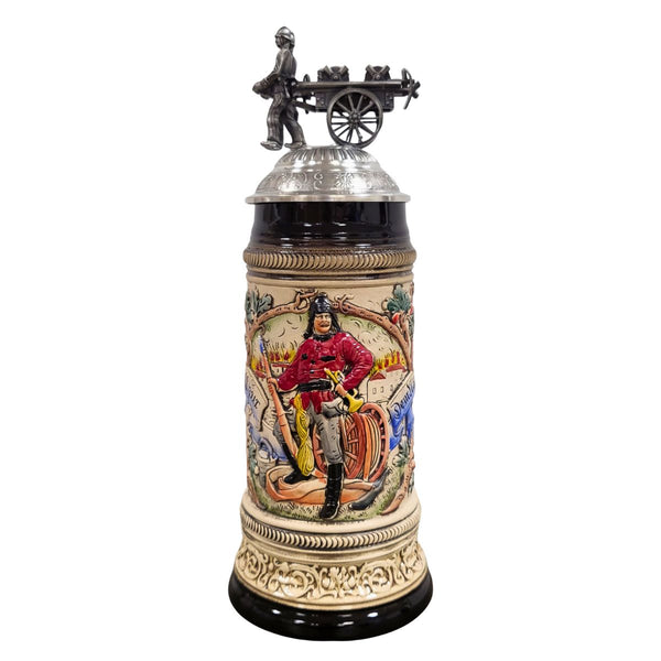 Firemen Beer Stein by Zoeller & Born featuring traditional firefighter, antique fire engine lid, and German firefighting heritage artwork