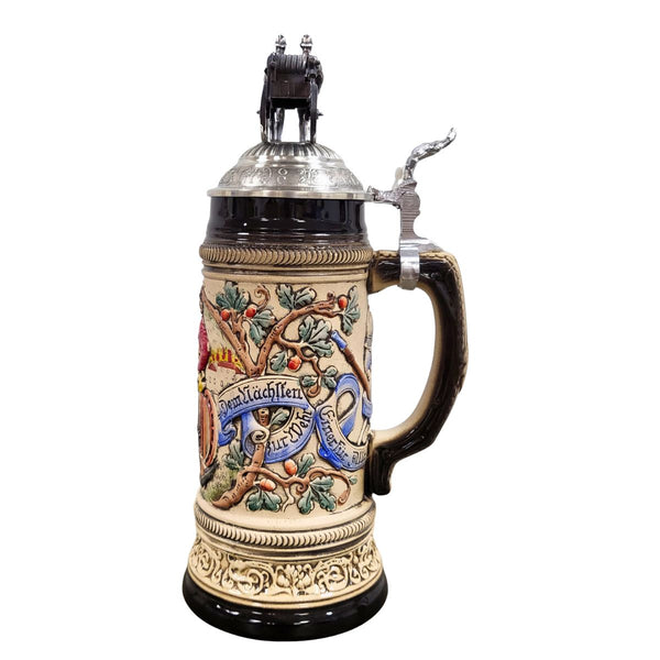 Side view of Firemen Beer Stein with antique fire engine lid, pewter thumb lift, and historic firefighter motto banners