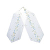 White linen table runner with spring flower embroidery, blue and white accents, with delicate cutout detailing, size 12.6x68 inches (32x173 cm).