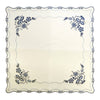 Square white linen tablecloth with Blue Onion embroidery, small blue onions around the rim and blue flowers blooming in the corners.