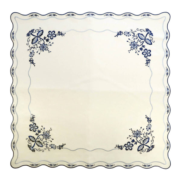 Square white linen tablecloth with Blue Onion embroidery, small blue onions around the rim and blue flowers blooming in the corners.