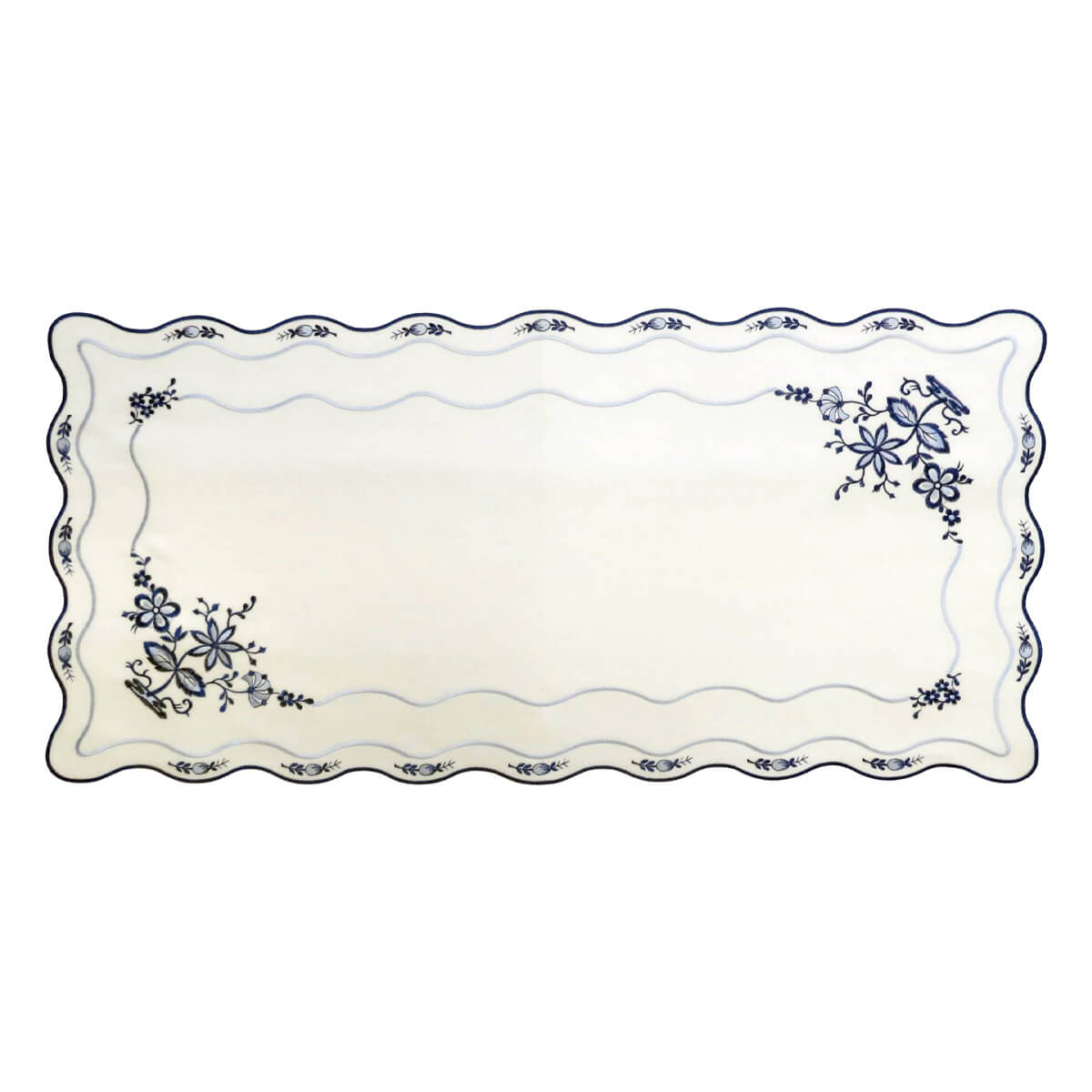 White linen table runner with Blue Onion embroidery, small blue onions around the rim and blue flowers blooming from two corners, size 16x32 inches.