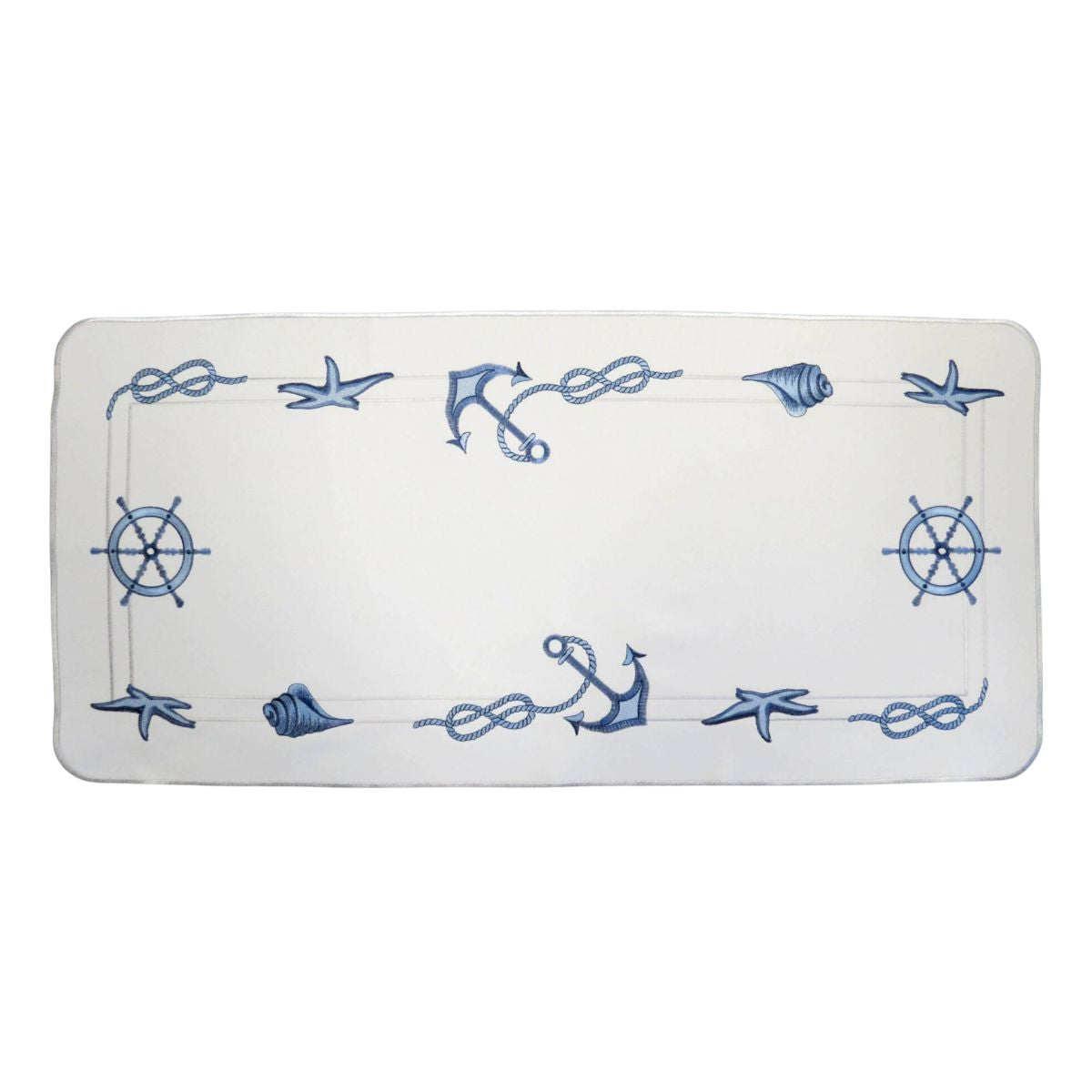 white linen table runner blue nautical embroidery anchors ship wheel rope Funke Germany