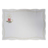 White linen placemat with red candle embroidery, pine branches, golden stars, and a gold bow, 12x18 inches (30x46 cm).