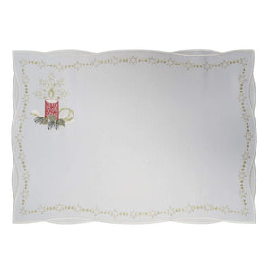 White linen placemat with red candle embroidery, pine branches, golden stars, and a gold bow, 12x18 inches (30x46 cm).