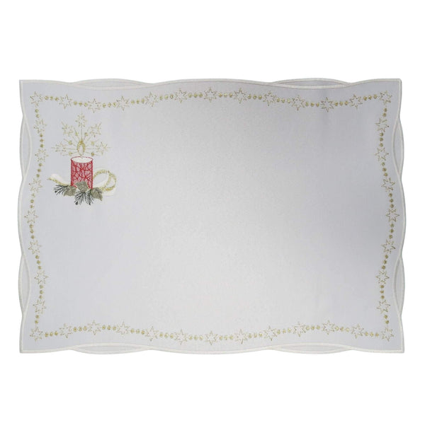 White linen placemat with red candle embroidery, pine branches, golden stars, and a gold bow, 12x18 inches (30x46 cm).