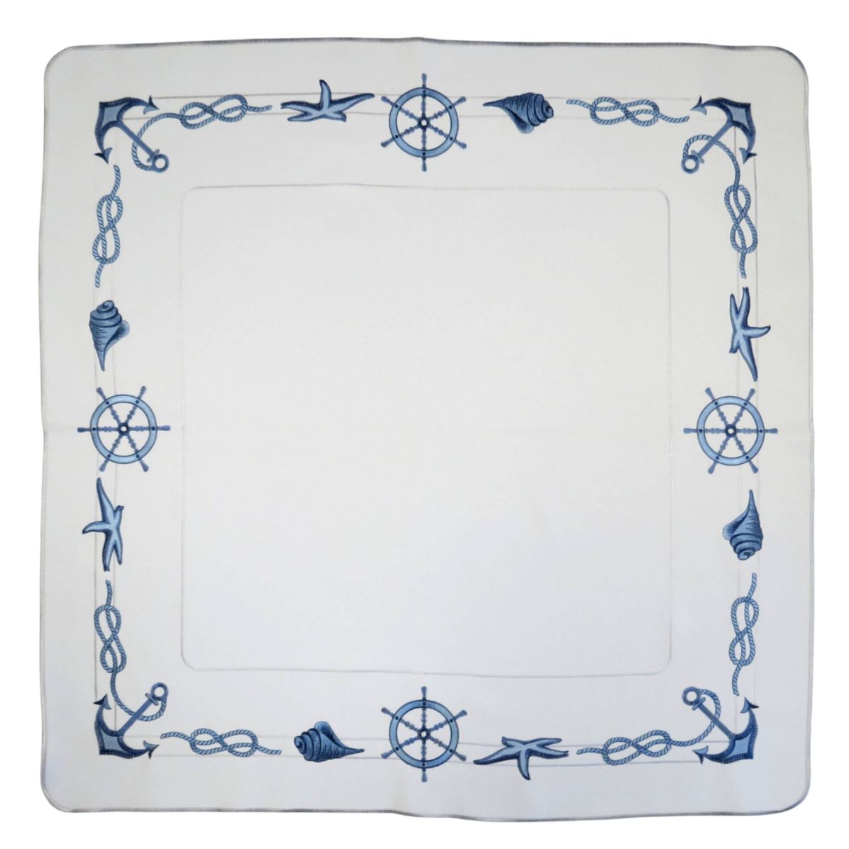 white square linen tablecloth blue nautical border anchors rope ship wheel embroidery Funke Germany