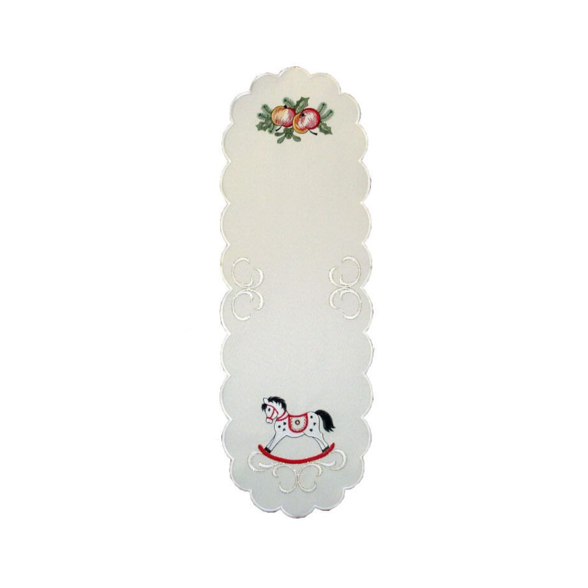 Cream rectangular table runner with a scalloped edge, featuring a red and black rocking horse design, with apples and holly as detailing.