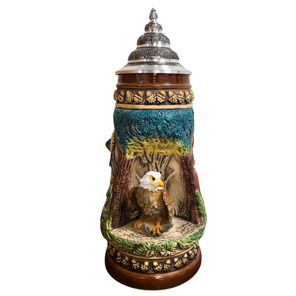 German wildlife beer stein with 3D Bald Eagle, deer and ibex by KING
