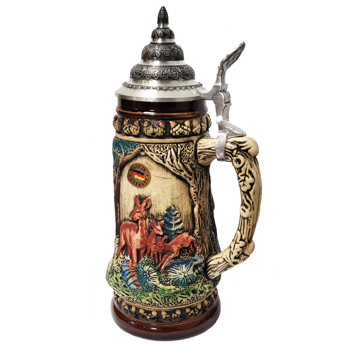 Side of a King Beer Stein with three deer in a wooded area. The brown and green tones of the Mug underline the nature scenes