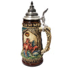 Side of a King Beer Stein with three deer in a wooded area. The brown and green tones of the Mug underline the nature scenes
