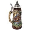 Side of a KING Beer Stein with an ibex standing attentively in his environment. The brown and green tones of the Mug underline the nature scenes.