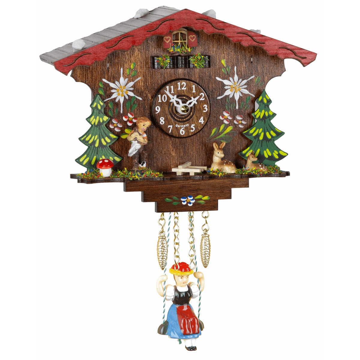 Mini chalet cuckoo clock with boy and dogs, deer, edelweiss detail, and a Black Forest girl on a swing pendulum. Sound options include cuckoo call or music.