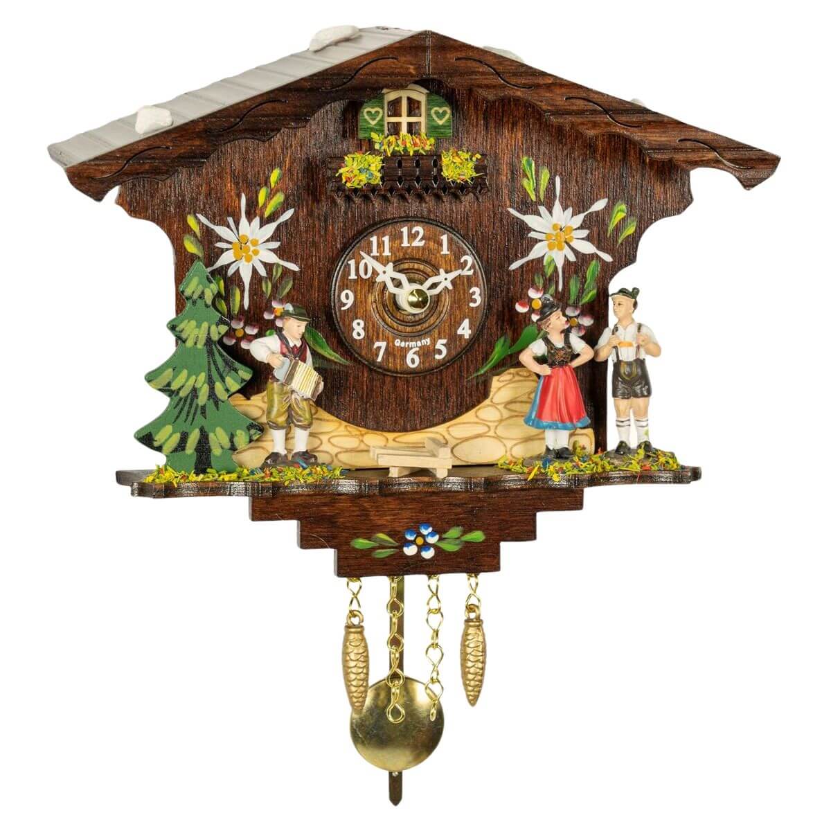 Mini chalet cuckoo clock with accordion player, dancing couple, balcony with flowers, green shutters with hearts, edelweiss, and brass pendulum.