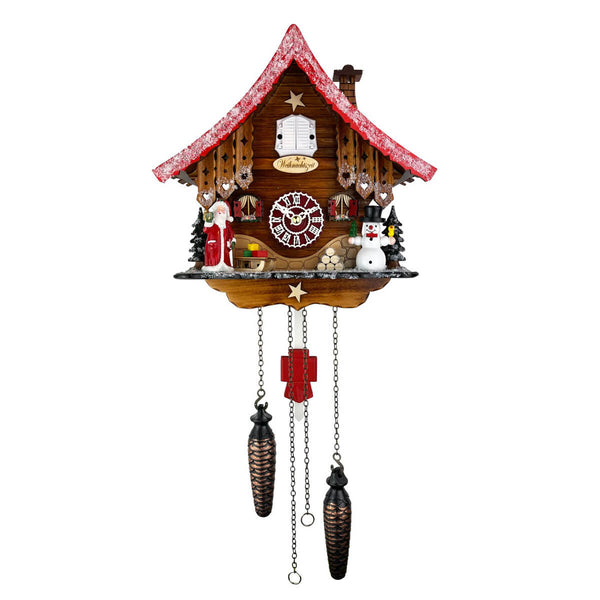 Christmas chalet cuckoo clock with white-shutter cuckoo window, Santa, sleigh, snowman, red and white pendulum, and golden star by Trenkle.