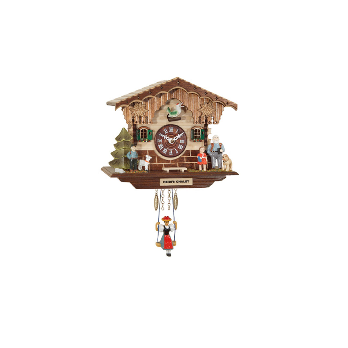 Heidi's Chalet Battery-Operated Cuckoo Clock: A quaint Bavarian cabin adorned with edelweiss, Heidi, Peter, a goat, and Josef the St. Bernard.