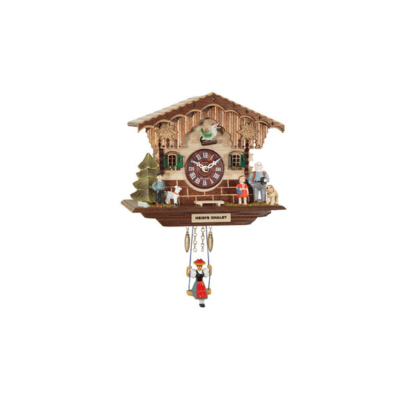 Heidi's Chalet Battery-Operated Cuckoo Clock: A quaint Bavarian cabin adorned with edelweiss, Heidi, Peter, a goat, and Josef the St. Bernard.
