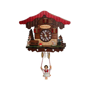 Heidi, Peter, and Goats in front of Heidi’s Chalet on Engstler Miniature Clock with Bavarian Girl on Swing
