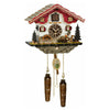 Trenkle chalet-style cuckoo clock with red roof, beer drinker figure, moving waterwheel, edelweiss decor.