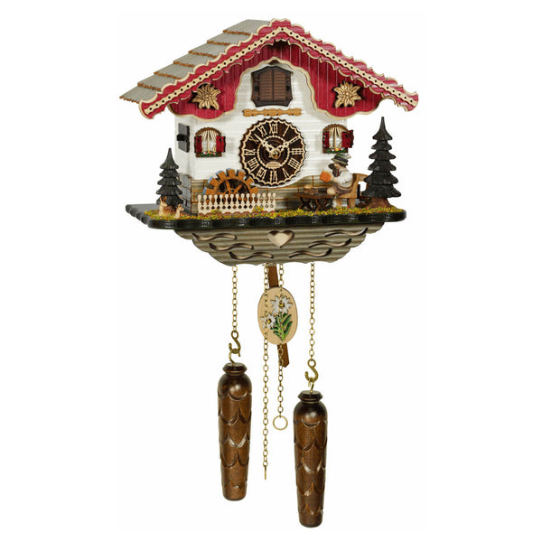 Trenkle chalet-style cuckoo clock with red roof, beer drinker figure, moving waterwheel, edelweiss decor.