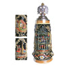 German beer stein with detailed Glockenspiel scene, Munich landmarks Marienplatz and Hofbraeuhaus in Detail