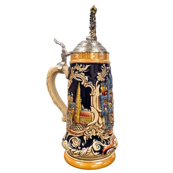 Zoeller & Born Munich Glockenspiel beer stein featuring Marienplatz in detailed relief with a decorative pewter lid.